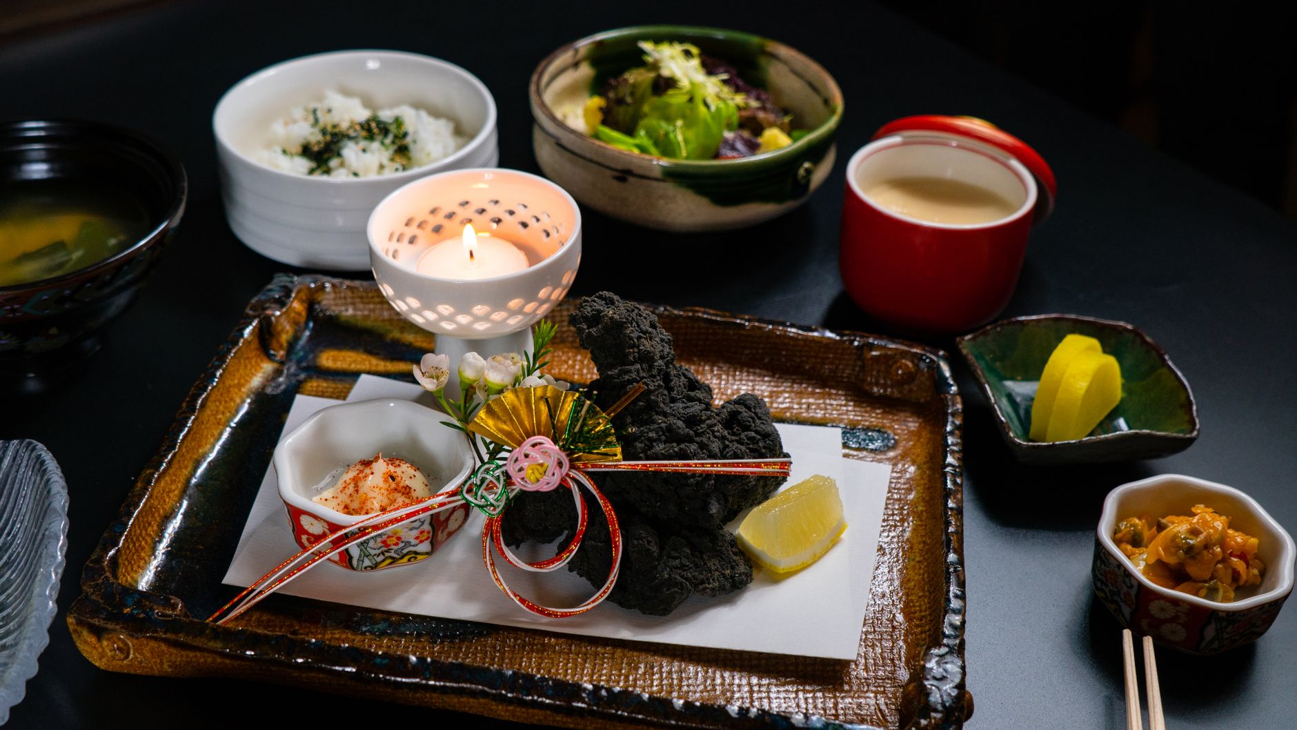 Ceramic dish with seasonal Japanese mountain vegetables